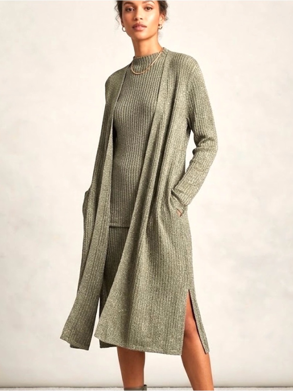Chico’s Metallic Ribbed Mock Neck Top & Longline Duster Cardigan Sz 3 or XL/16